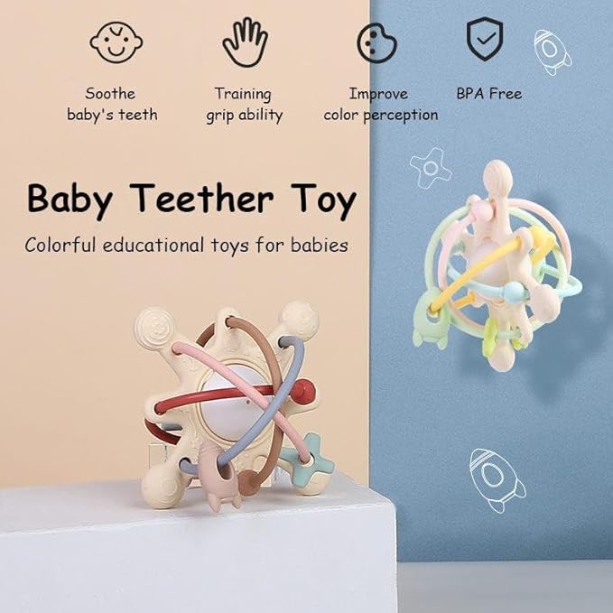 Cosmo Silicone Baby Rattle Teether – Multicolor | BPA-Free 3D Sensory Teething Toy | Multi-Textured Chewable Arms & Pullable Rings | Food Grade Silicone | Developmental Grip Toy 3-36 Months