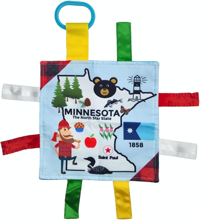 Baby Jack & Co 8x8” Learning Lovey Minnesota State Tag Stroller Toy for Babies - Crinkle Toys for Developing Five Senses - Learn About Capitals - Travel with Baby Jack - BPA Free Clip