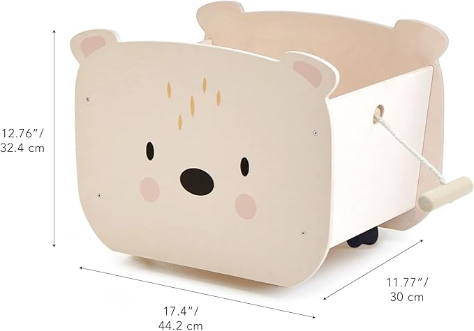 Tender Leaf Toys - Pull Along Bear Cart for Kids - Wooden Cart with Wheels for Moving Play Toys Books for Kids 3 Years+