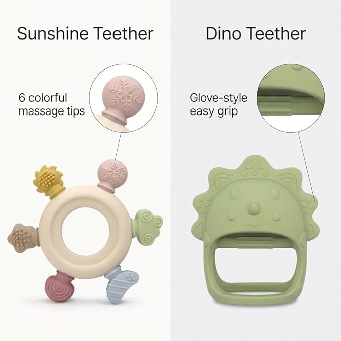Baby Teething Toys 2 Pack, Dinosaur Mitten Teether and Ring Sun Teether with 6 Chewing Points, Silicone Chew Toys for Infants 0-6 6-12 Months, BPA Free Soothing Gum Relief Set (Green)