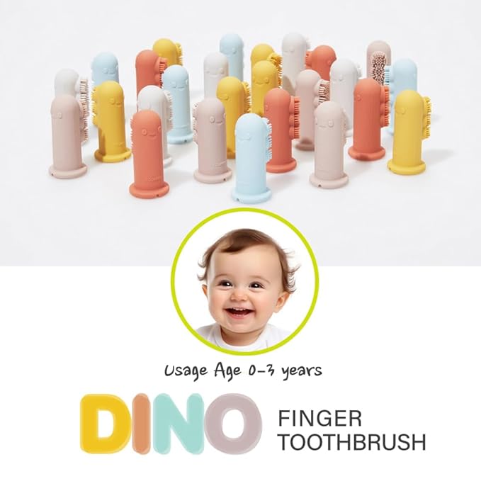 Fourfeet Dino Finger Toothbrush | Baby Silicone Oral Care Brush | Toddler Gum Cleaner | BPA Free Soft Bristles | Easy Drying Air Vent | Food Grade Material | Made in Korea - Coral + Beige (2PCS)