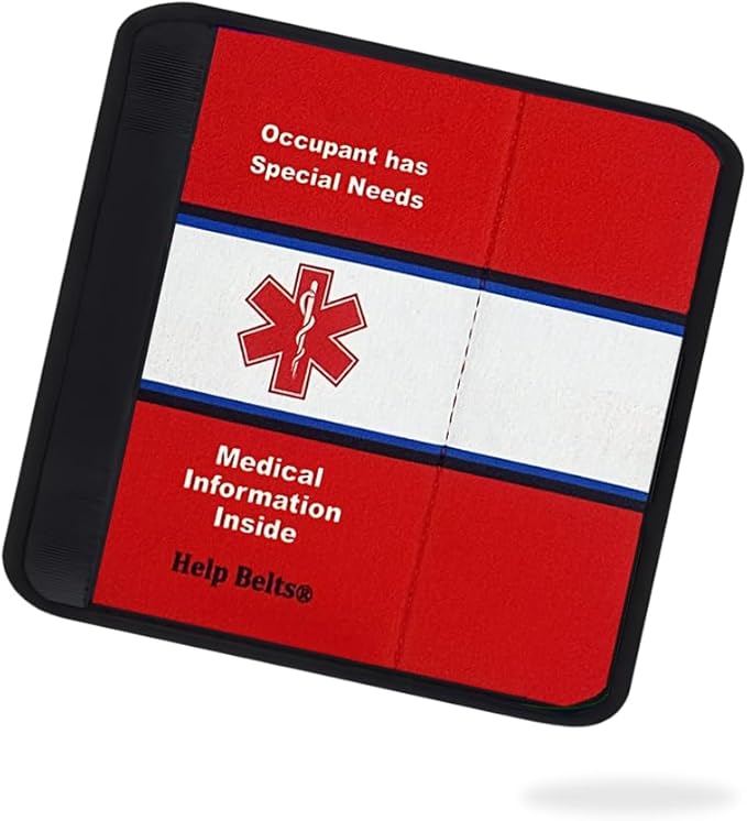 Any/Multiple Condition Medical Alert Seatbelt Cover for Children in Car Seats (6”) Featuring an Emergency Information Form and Pocket by Help Belts. (Red/White)