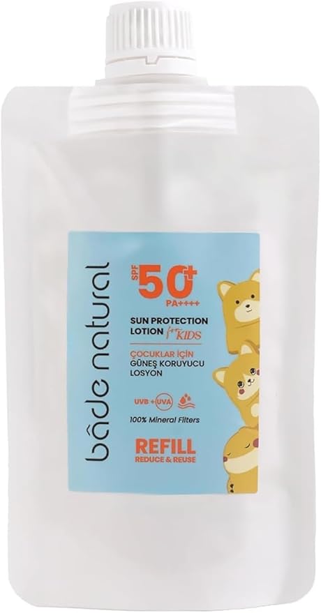 Bade Natural SPF 50+ Kids Sunscreen Refill Lotion – 100% Natural Mineral-Based Broad Spectrum Sun Protection with Zinc Oxide & Botanical Oils – Refillable Eco-Friendly Pack, 3.7 fl oz