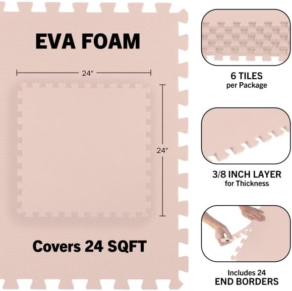 Foam Floor Tiles - 24sqft Soft Nontoxic Baby Play Mat - Interlocking Puzzle Mat for Baby, Kids Playroom, or Home Gym Flooring by Stalwart (Light Pink)