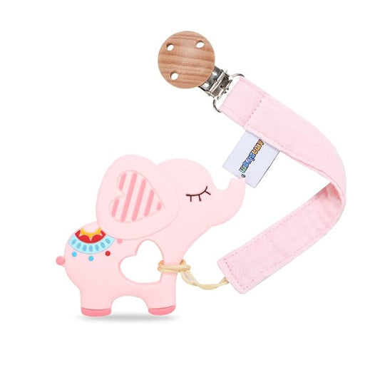 Baby Food Grade Silicone Teether Toy with Pacifier Clip Holder,Teething Pain Relief Toys Gift Set for 3 Months+ Boys and Girls,Freezer Safe,BPA Free. (Pink Elephant)
