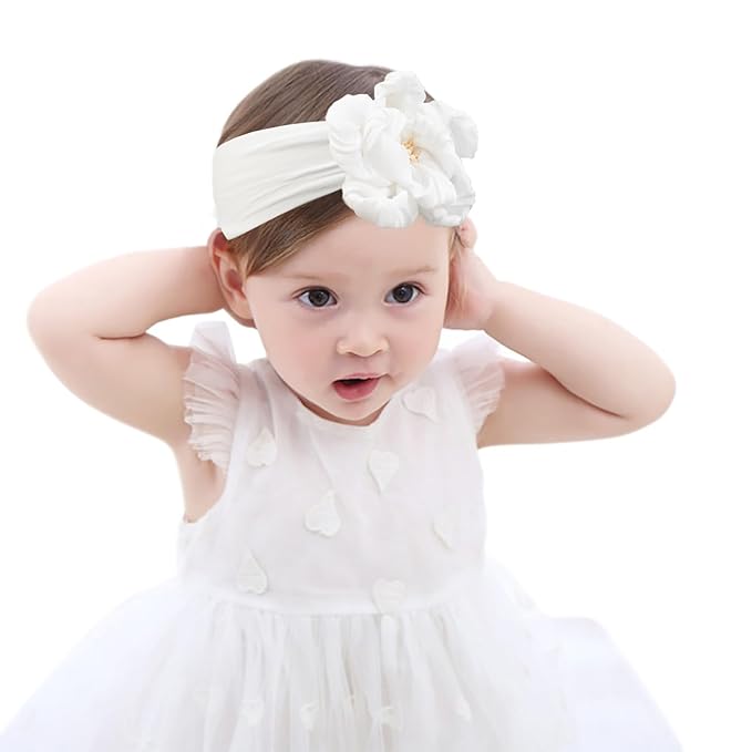 Fmeida Baby Girls Nylon Headband and Bow White Big Flower Headbands Fashion Hair Accessories for Newborns Infants