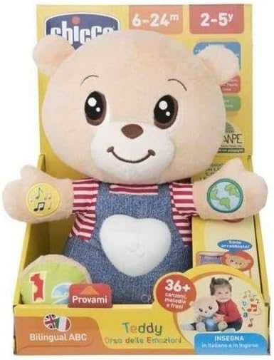 Chicco Teddy Bear Emotions Bear Interactive Plush Toy Bilingual French/English Educational Toy for Babies and Children with Lights and Songs