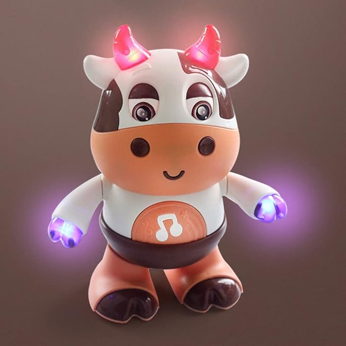 Electric Dancing Cow Light up Musical Cow Plastic Dancing Toys Baby Animal Sounds Toys Toddler Sensory Educational Interactive Swinging Calf 3 AA Battery Operated, Age 3+