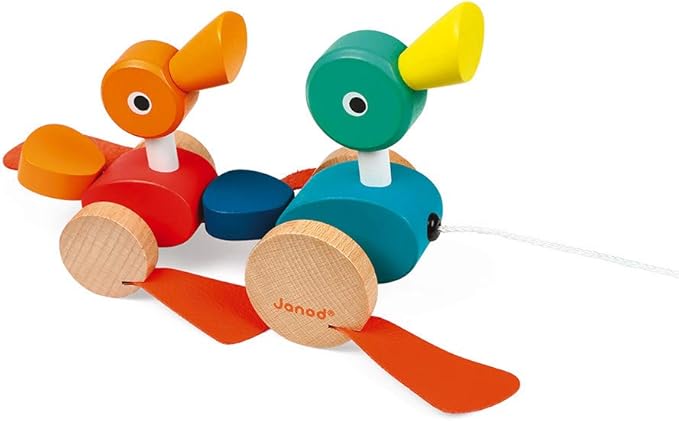 Janod Zigolos Pull Along Duck Family Early Learning and Motor Skills Toy with Flapping Feet Made of Beech and Cherry Wood for Ages 12 Months