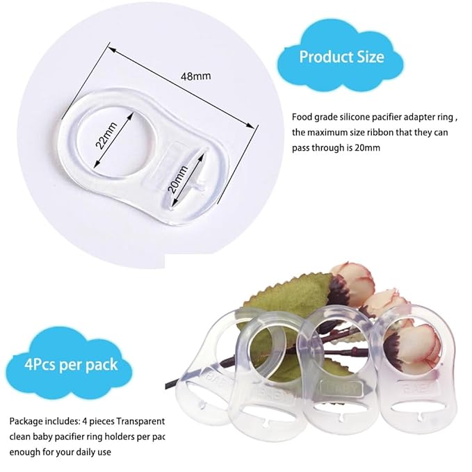 4Pcs Pacifier Adapter Rings Transparent Silicone Rings for Pacifier Clip Button Soother Pacifiers Dummy Holder Newborn Gift Safe for Baby (Transparent)