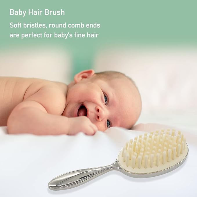 Silver Plated Keepsake Cute Bear Baby Hair Brush for Toddler Girl or Boy with Curly and Thick Hair, for Wet or Dry Newborn Infant Hair, Soft Bristle That Won't Shed, Gift Box Package for Gift Giving
