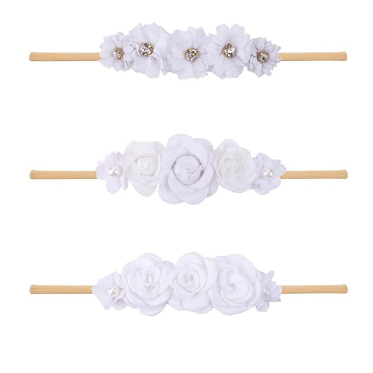 Baby Girl Nylon Headbands Flower Hair Bows Accessories-Elastic Hair Band Crown Handmade FLoral Wraps Birthday Gifts for Girls Newborn Infant Toddler 3Pcs