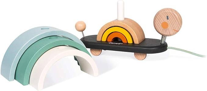 Janod - Sweet Cocoon Wooden Rainbow Turtle Stacking and Pull Toy 7 Piece Building and Nesting Stack with 6 Pastel Arches, Wobbling Head and Tail and String - Ages 18 Months+ - J0440