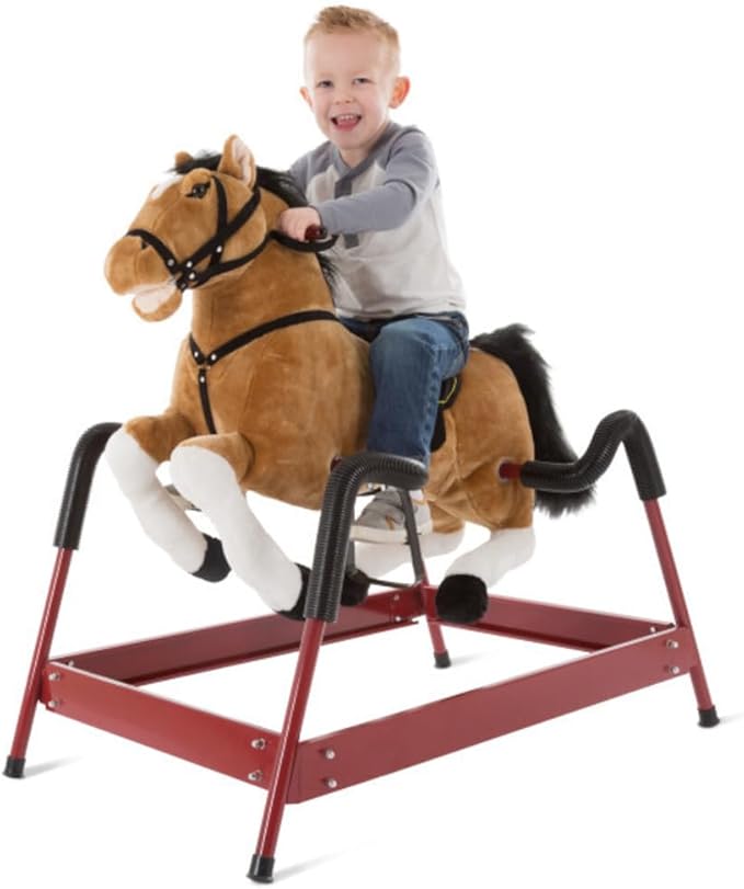 Spring Rocking Horse - Plush Bouncy Ride-On Toy with Fun Sounds, Wood Handles, and Adjustable Stirrups for Kids Ages 3 to 6 by Happy Trails (Brown)