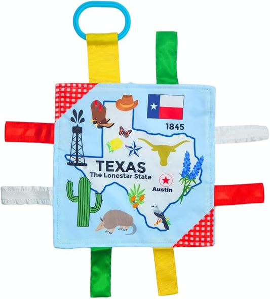 Baby Jack & Co 8x8” Learning Lovey Texas State Tag Stroller Toy for Babies - Crinkle Toys for Developing Five Senses - Learn About Capitals - Travel with Baby Jack - BPA Free Clip