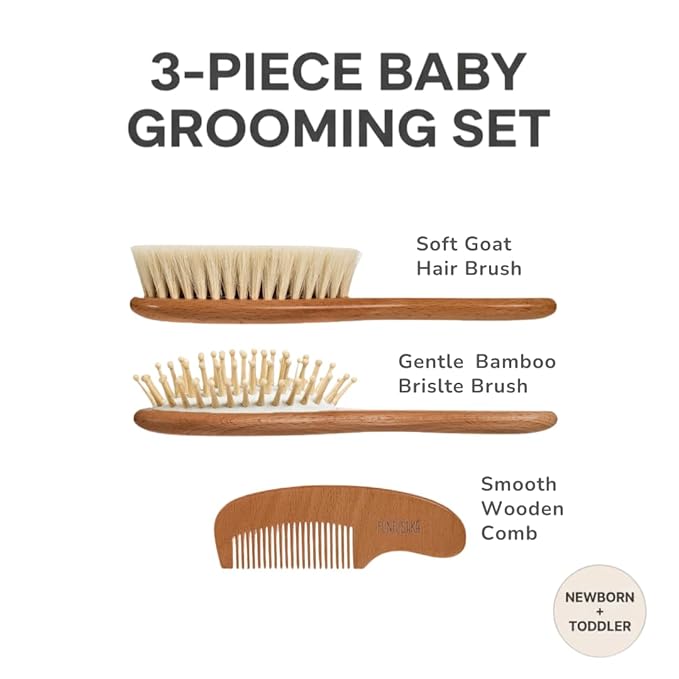 Baby Wooden Hair Brush and Comb Set for Newborn Toddler - Natural HairBrush with Soft Goat Bristle for Girl and Boy, Perfect for Cradle Cap (Oak)