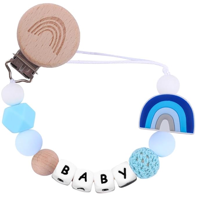 Rainbow Pacifier Chain, Rainbow Pacifier Clip Gift for Baptism or Birth, Newborn with Silicone Letter (Blue)