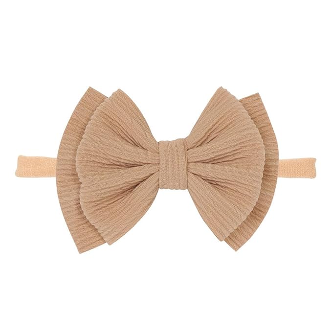 Baby Girl Soft Nylon Bow Elastic Headband Turban Toddler Infant Bow-knot Stretchy Hair Band Birthday Party Hair Bow Ribbon Accessories for Newborn Baby (Bow 2 - Light brown, Elastic)