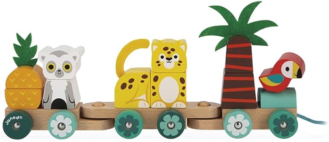 Janod - Tropik Tropical Pull-Along Train - 11 Pieces and 3 Cars - Ages 1 Year + J08272