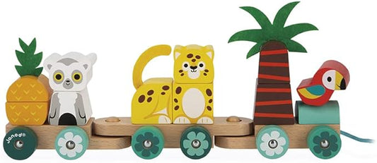Janod - Tropik Tropical Pull-Along Train - 11 Pieces and 3 Cars - Ages 1 Year + J08272