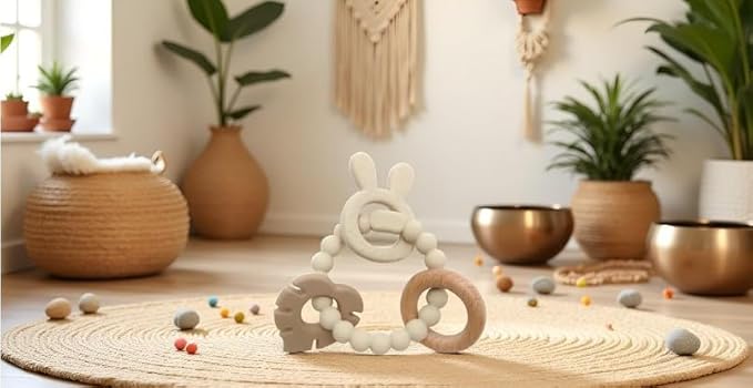 | Bohemian Teether | Baby Teether | Sensory Exploration and Teething Relief | 100% Food-Grade Silicone Teether Toy | BPA Free | Chewbeads | Silicone with Beechwood Ring | (Tan)