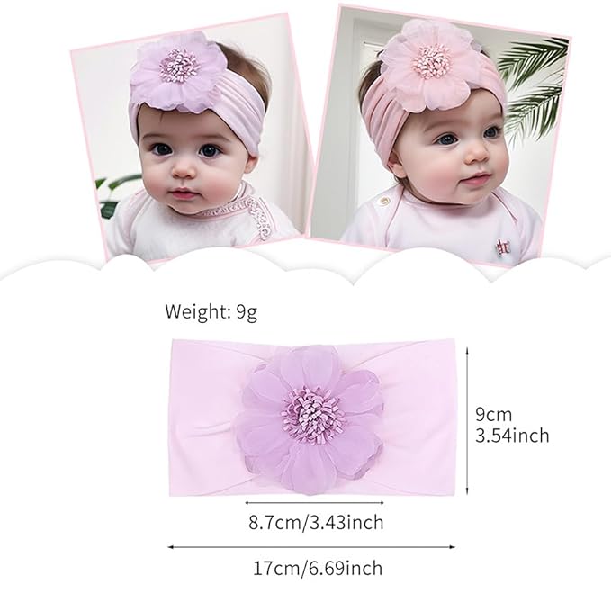 Large Flower Elastic headband for Baby Girl Infant Soft Fabric Chiffon Floral Hairband Toddler Newborn Christening Baptism Hair Accessories (Flower 2 - Pink, Elastic)
