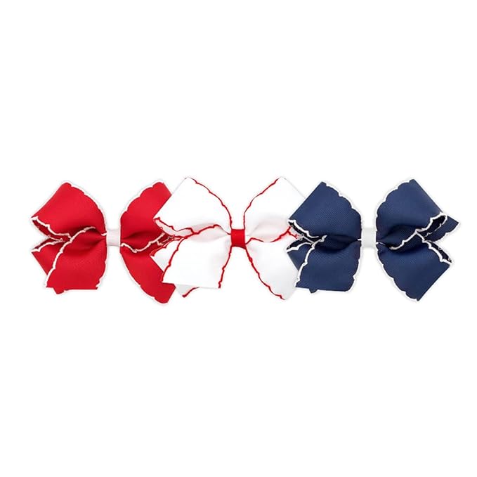 Wee Ones Girls' 3 pc Set Moonstitch Grosgrain Variety Pack on a WeeStay No-Slip Hair Clip, Medium, Red, White, Blue Moonstitch