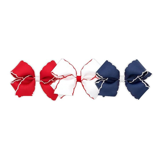 Wee Ones Girls' 3 pc Set Moonstitch Grosgrain Variety Pack on a WeeStay No-Slip Hair Clip, Medium, Red, White, Blue Moonstitch