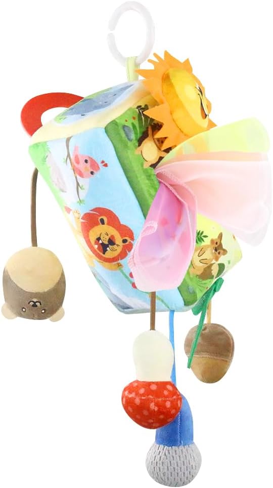 Caterbee Baby Sensory Tissue Box Toy with Hanging Hook – Pull Out Fabric Tissues, Rattle & Teether, Montessori Stroller & Car Seat Toy for Infants (Forest)