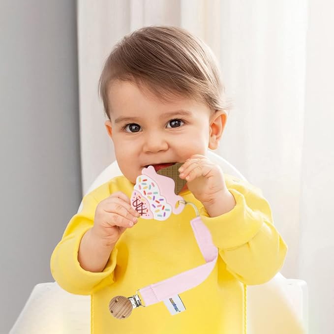 Baby Food Grade Silicone Teether Toy with Pacifier Clip Holder,Teething Pain Relief Toys Gift Set for 3 Months+ Boys and Girls,Freezer Safe,BPA Free (Ice Cream)