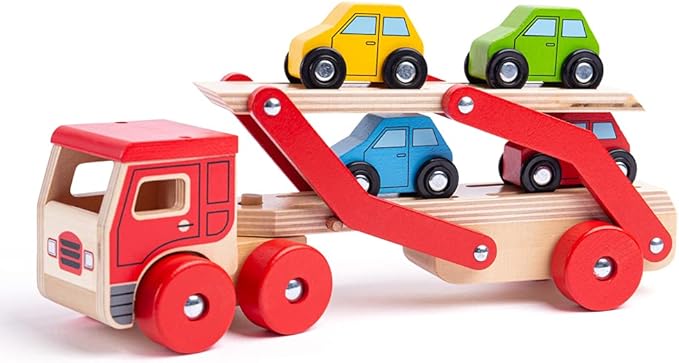 Bigjigs Toys, Wooden Car Transporter, Toy Car Ramp, Wooden Toys, for 1 Year Old Boys, Push Along Baby Vehicle Toy