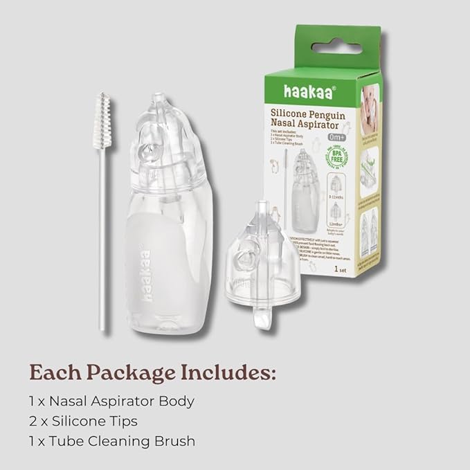 Haakaa Penguin Nasal Aspirator for Baby – Blocked Nose Relief: Works by Suction – BPA, PVC & Phthalate-Free – Food-Grade Silicone – Easy-to-Clean – Fluid Measurement