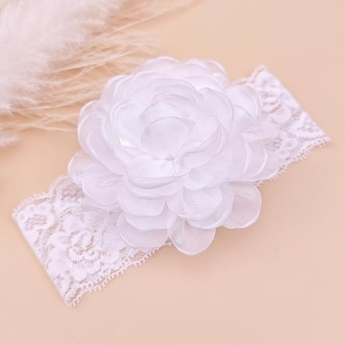 White Lace Christening Headband for Baby Girl Soft Cotton Flower Baptism Toddler Elastic Hairband Bow Newborn Infant Hair Accessories for Birthday Party (White 3, Standard size)