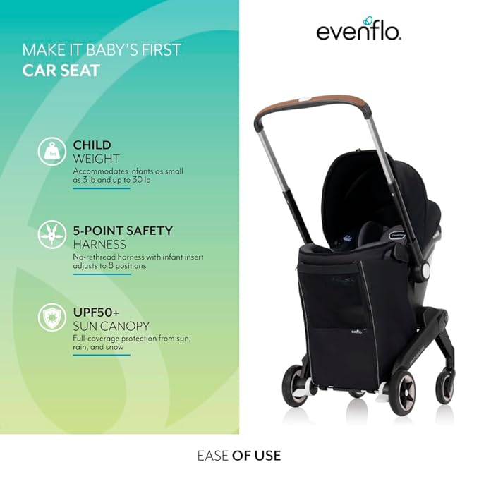 Evenflo Shyft DualRide Preemie and Infant Car Seat Stroller Combo 3-30lbs with Carryall Storage (Durham Green)