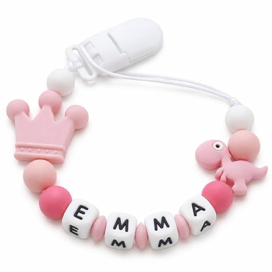 Personalized Pacifier Clip with Name, Custom Silicone Binky Holder for Boys Girls, Dinosaur & Crown Pacifier Chain