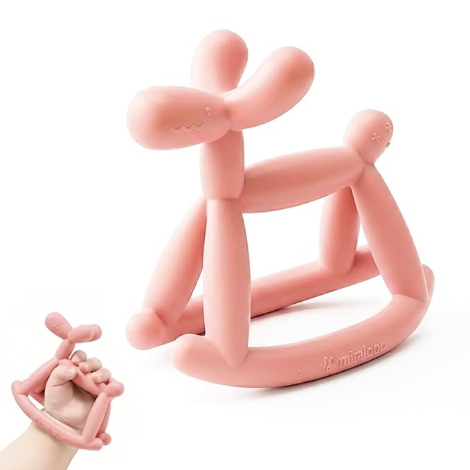 Teething Toy for Baby 3, 6, 12, 18 Months Infant, Jellydog Never Drop Food Grade Silicone Rocking Teether, Prevent Choking & Odorless, Less Dust and Hair Adhesion, Baby Gift, Mist Pink