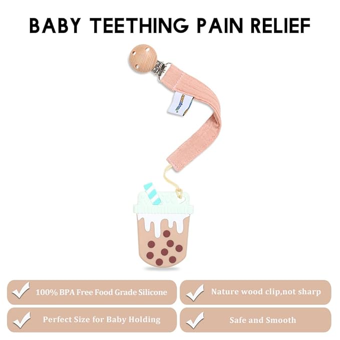 Baby Food Grade Silicone Teether Toy with Pacifier Clip Holder,Teething Pain Relief Toys Gift Set for 3 Months+ Boys and Girls,Freezer Safe,BPA Free (Bubble Tea)