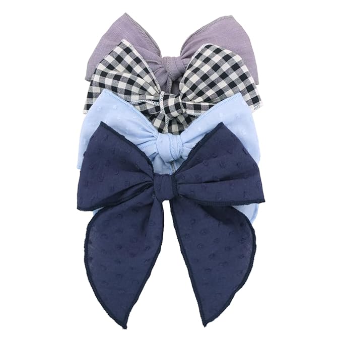 Pack of 4 Gorgeous Fable Bow Hair Clips for Girls Women Linen Hair Bow Alligator Clips Toddler Baby Mom Young Girl Hair Accessories (Grey/Navy)