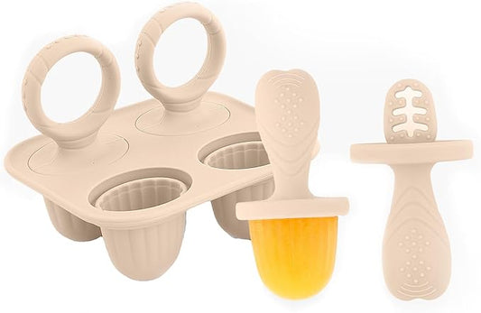 Silicone Popsicle Molds, Mini Breastmilk Popsicle Molds with Sticks, Frozen Breast Milk Teether Popsicle Maker Ice Pop Molds for Infant Feeding Spoon (1Set-Beige)