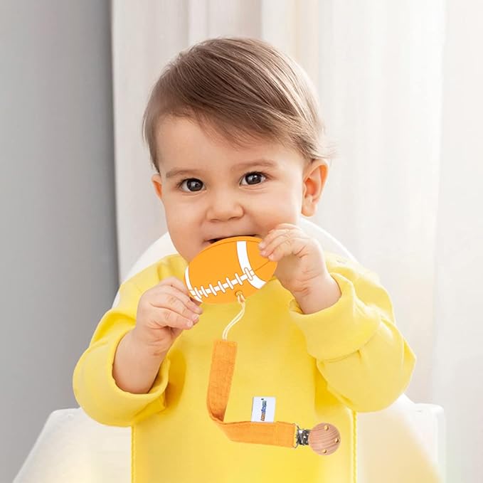 Baby Food Grade Silicone Sports Shape Teether Toy with Pacifier Clip Holder,Teething Pain Relief Toys Gift Set for 3 Months+ Boys and Girls,Freezer Safe,BPA Free (American Football)