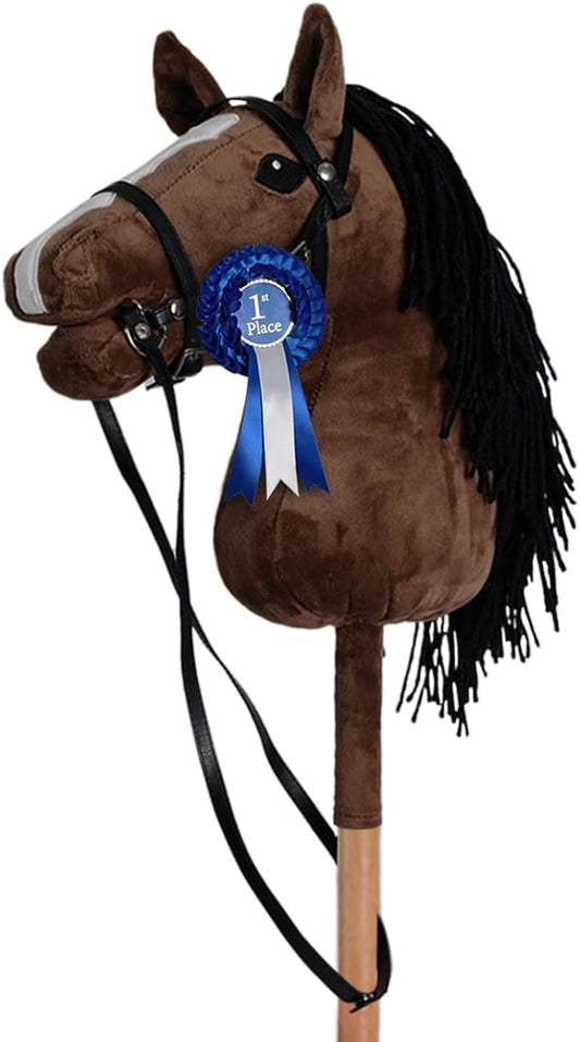 ROCK MY BABY Hobby Horse with a Detachable Bridle Plush Stuffed Stick Horse with Award Ribbon for Kids 3+ Years Old (Dark Brown)