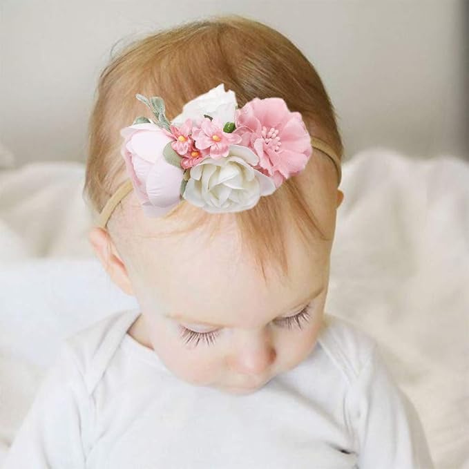 Baby Girl Nylon Headbands Flower Hair Bows Accessories-Elastic Hair Band Crown Handmade FLoral Wraps Birthday Gifts for Girls Newborn Infant Toddler 3Pcs
