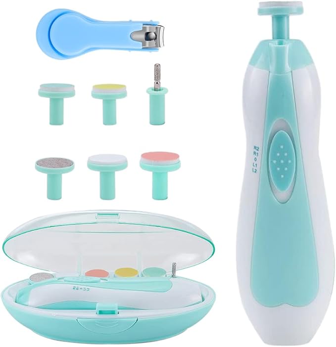 Baby Nail Clippers Safe Baby Nail Trimmer Electric Trim Polish Grooming Kit for Newborn Infant Toddler or Adults Toes Fingernails Care, 6 Grinding Heads and LED Light (Blue)