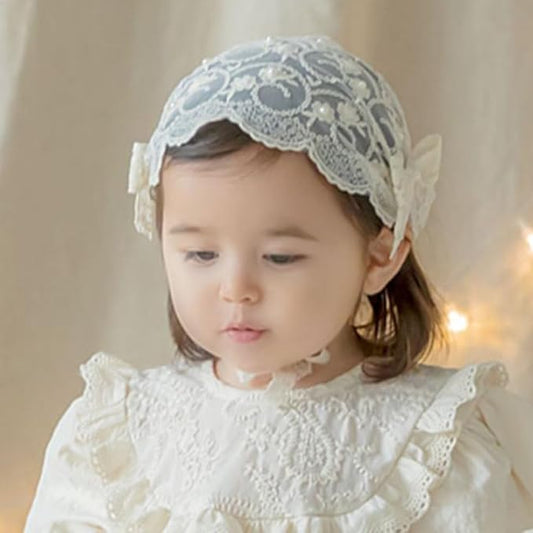 Baby Girls Lacy Bow Headband Soft Breathable Lace Hairband for Toddlers Infant Baptism Christening Beanie Cap Wide Turban Wedding Party Shower Gifts (Style 4)