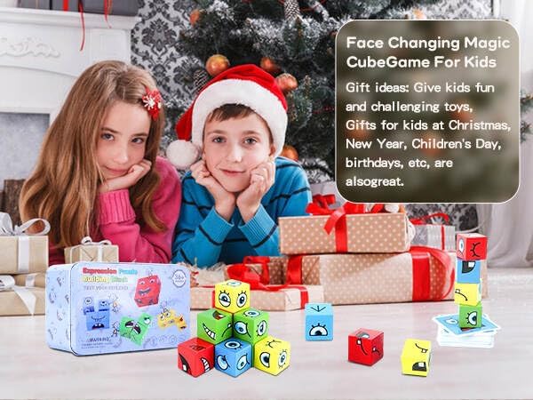 Montessori Puzzle Game for Kids - Wooden Face Changing Magic Cube Game, Educational Face Changing Cubes, 3+ Years (64 Cards, 16 Blocks, 1Bell)
