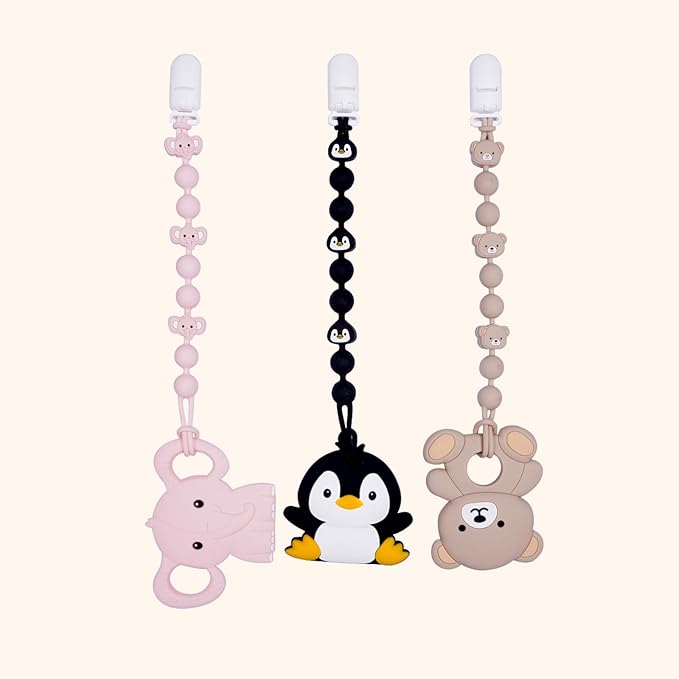 Cute Animal Baby Food Grade Silicone Teether Toy with One Piece Design Pacifier Clip Holder,Teething Pain Relief Toys Gift Set for 3 Months+ Boys and Girls,Freezer Safe,BPA Free (Bear)