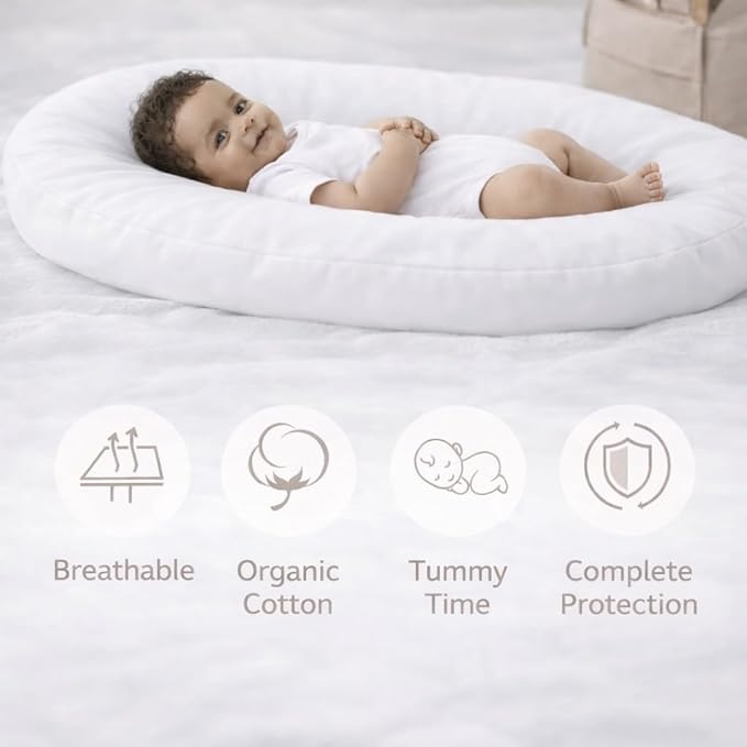 Aila + Aiden Baby Lounger | Organic Cotton Infant Lounger | Adjustable & Portable Floor Lounger |Supervised Use | Soft, Breathable, Washable Cover - Snuggle Collection - (White)