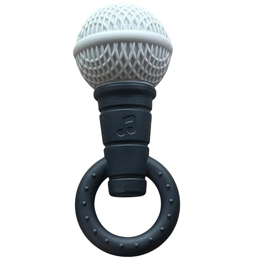 Microphone-Shaped Silicone Baby Teether - BPA Free, with Rattle, Musical/Singing Toy, Dishwasher & Freezer Safe, Easy-to-Grip Teething Shaker Toy for Newborns, Infants, Toddlers. (Gray Black)