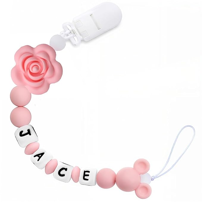 Personalized Pacifier Clip with Name Custom Pacifier Holder with Name Newborn Baby Gift Sets (Flower)