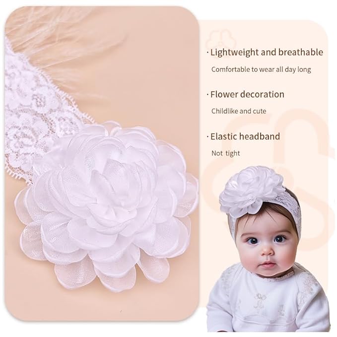 White Lace Christening Headband for Baby Girl Soft Cotton Flower Baptism Toddler Elastic Hairband Bow Newborn Infant Hair Accessories for Birthday Party (White 3, Standard size)